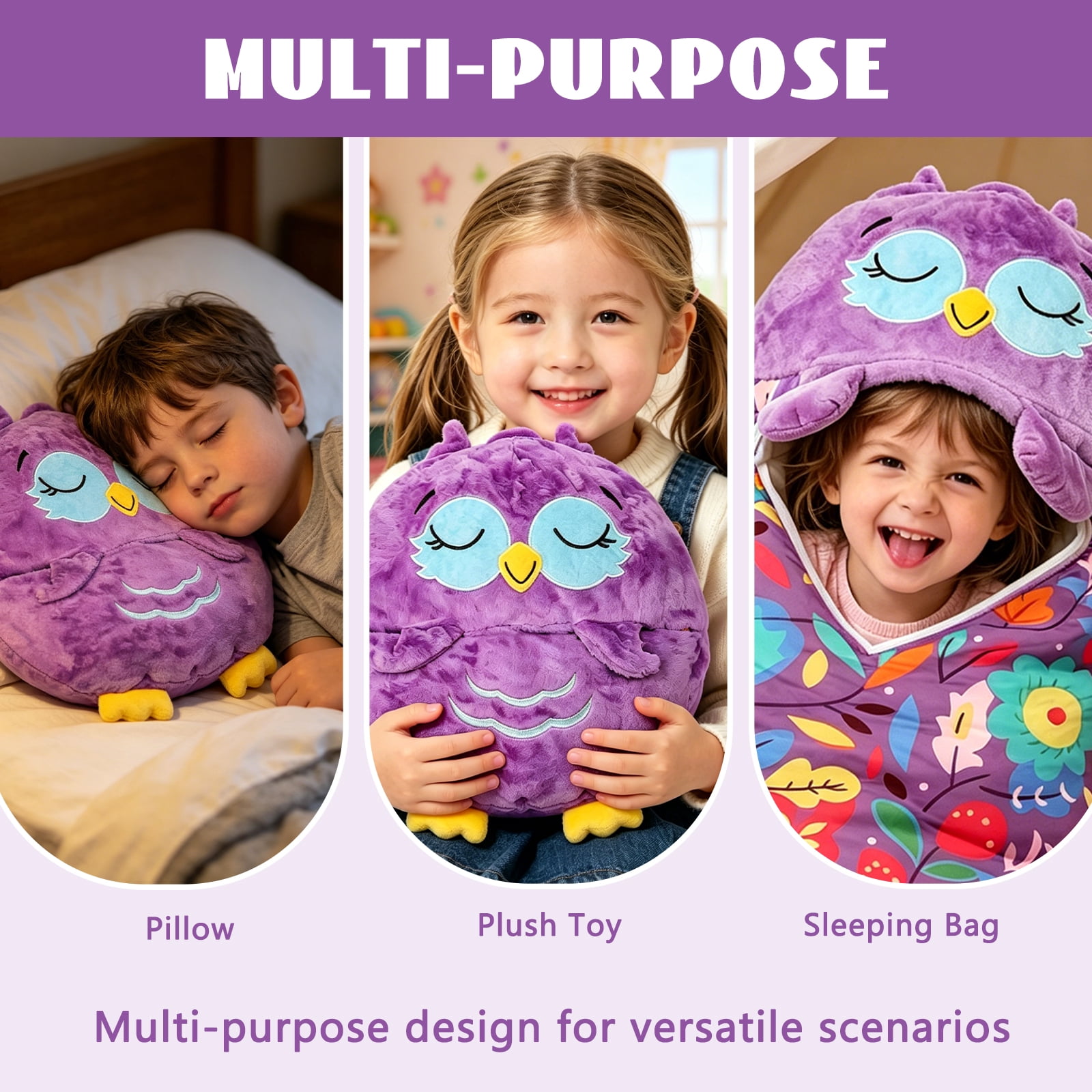 Kids Owl Sleeping Bag with Pillow - 2-in-1 Foldable, All Seasons, Soft & Warm (54"x20")