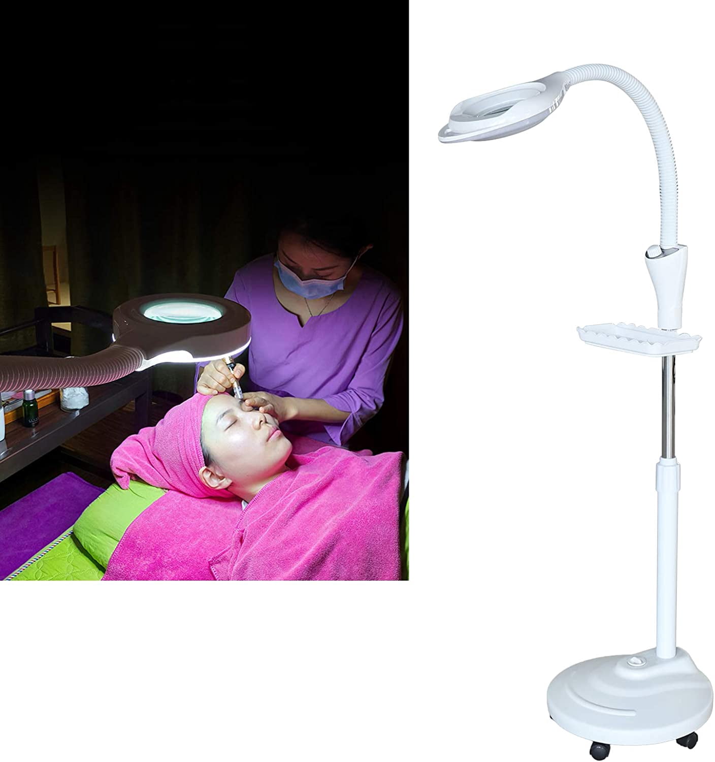 Munsinn 5X Diopter LED Magnifying Floor Stand Lamp Glass Lens Beauty Gooseneck Magnifier 58w W/ Wheel
