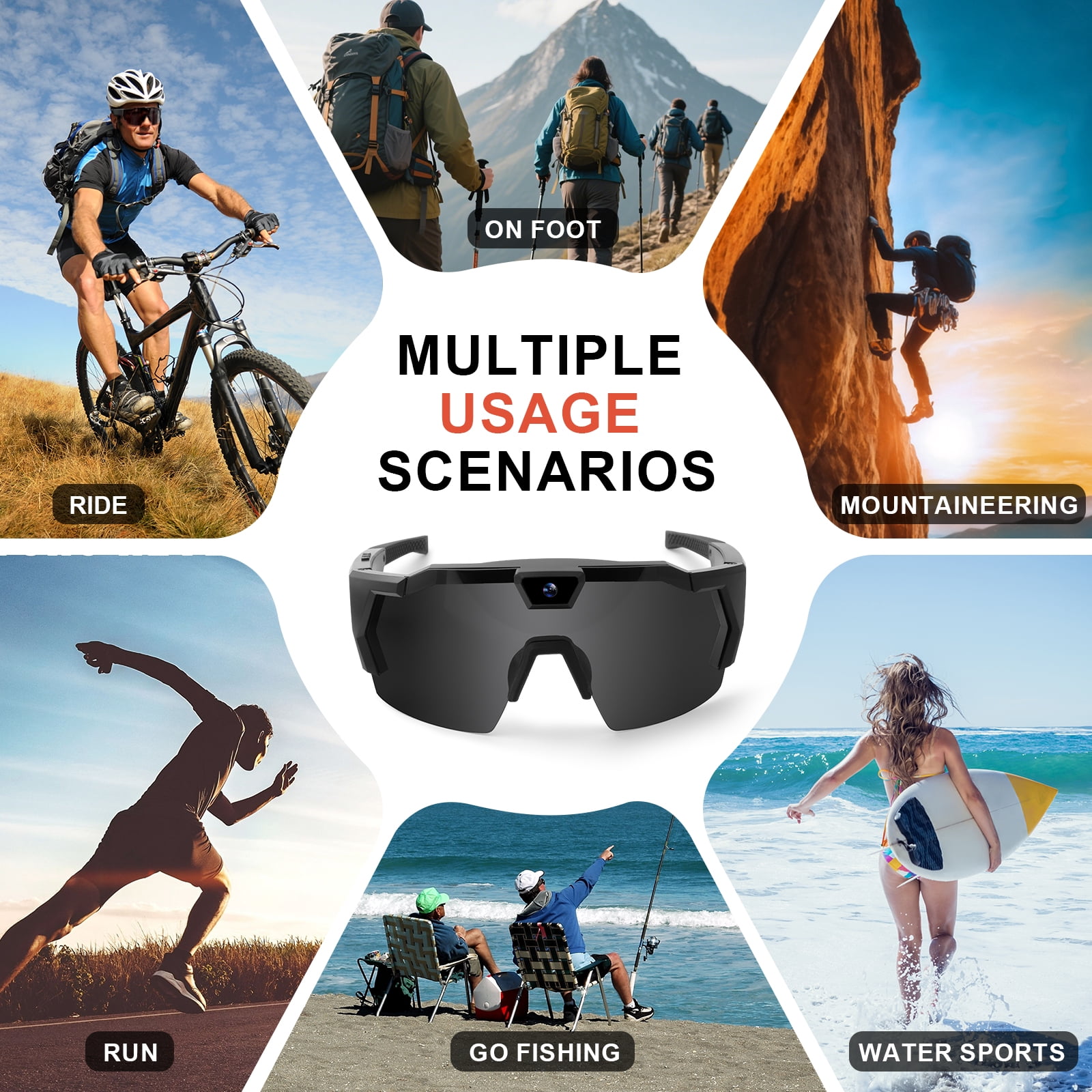 Outdoor Sports Camera Glasses, HD 1080P Video Recording with Anti-Glare Polarized Lens, Wi-Fi Real-Time Preview & Social Media Share, Loop Recording, for Cycling Hiking Water Sports