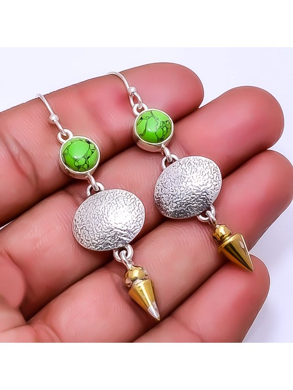 Copper Green Turquoise 925 Sterling Silver Two Tone Arrow Head Earring 2.34" E32, Beautiful Jewelry For Woman, New Year Sale, Valentin's Day Gift