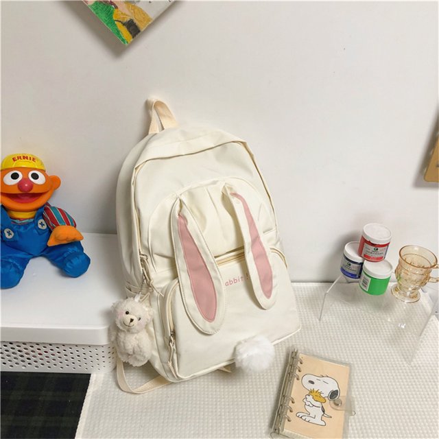 Women Cute Backpack Purses Designer Nylon Waterproof Schoolbag for Teen Girls Large Capacity Rucksack Cartoon Rabbit Mochila White Only Bag