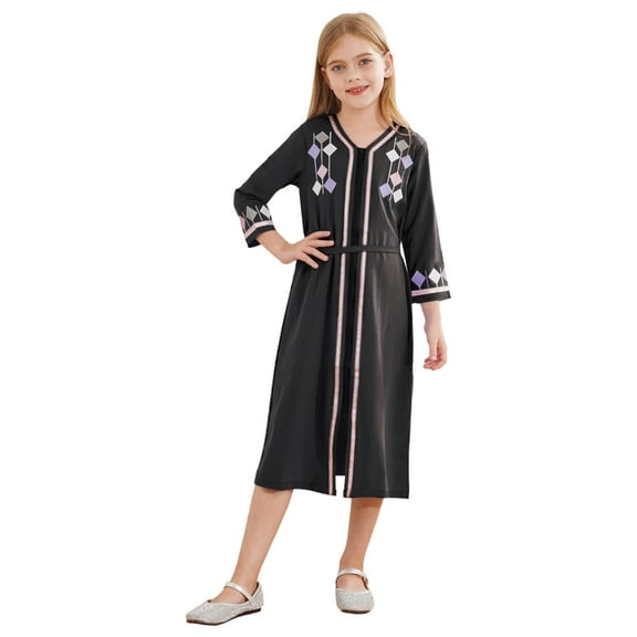 Aislor Girls Kids Muslim Islamic Abaya Long Sleeve Zipper Gown Middle East Girls Maxi Dress Black 160