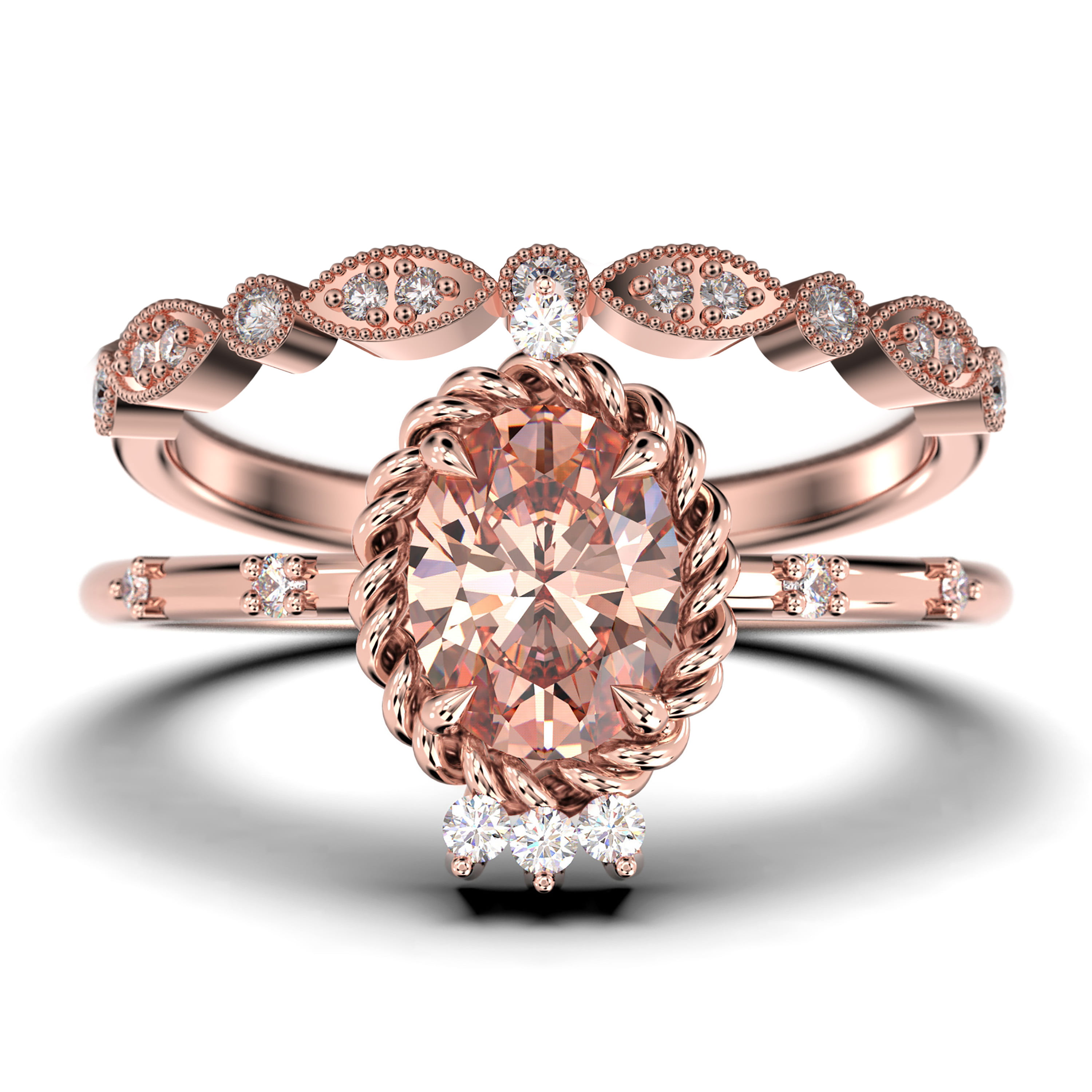 2.00 carat Morganite Ring with Black diamond Halo Bridal Set with 18k Gold Plating 