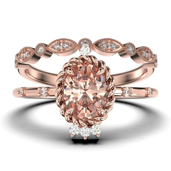 Dazzling Art nouvea 2.00 Carat Oval Cut Morganite And Diamond Moissanite Engagement Ring, Wedding Ring in 925 Sterling Silver With 18k Rose Gold Plating, Compass Ring, Bridal Set, Matching Band
