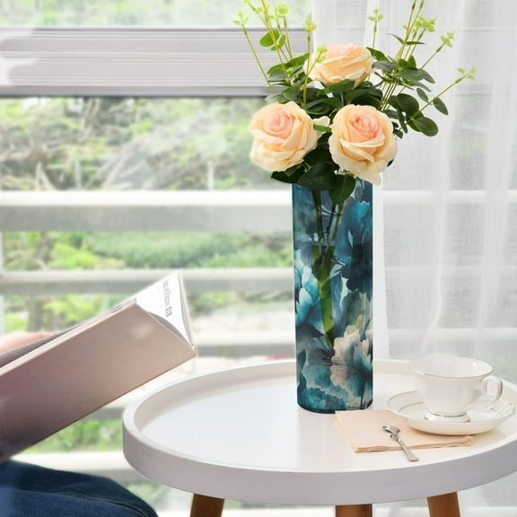 Plastic Vase 11.8"×3.9" Translucent Cylinder Vase Durable Flower Vase Storage Bottle for Modern Home Wedding Decor Teal Elegant Floral Pattern
