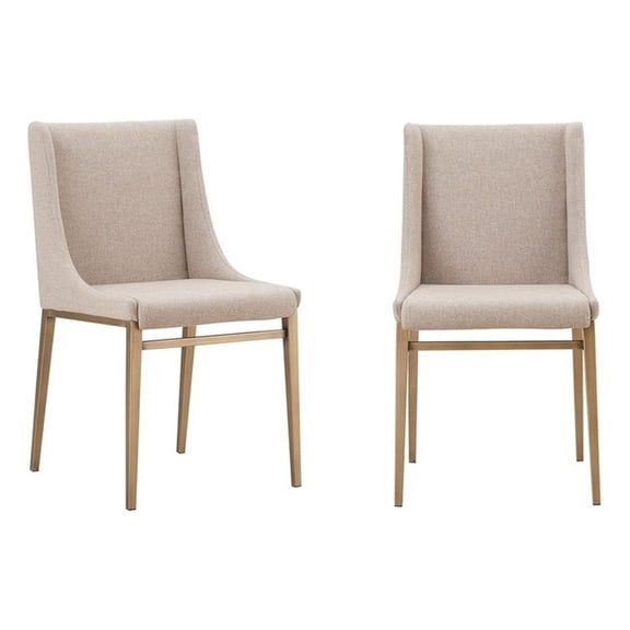 Pemberly Row 19" Contemporary Fabric Dining Chairs in Beige/Brass (2 Pack)