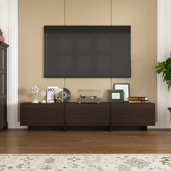 Oxylife Modern TV Stand with 3 Storage Cabinets in Black, Media Entertainment Center