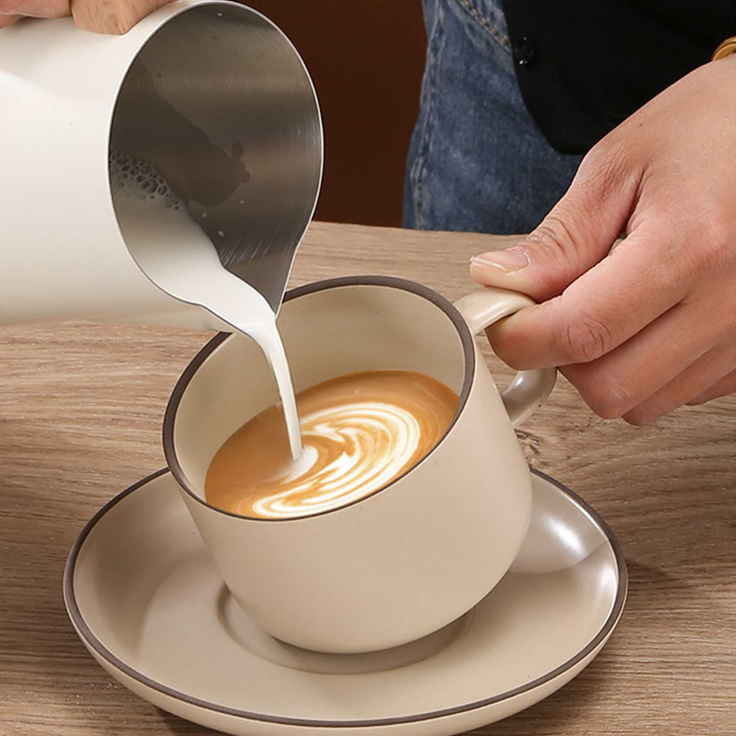 304 Stainless Steel Milk Frothing Pitcher - Wood Grain Handle with Scale Markings