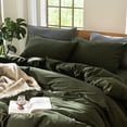 thumbnail image 3 of MooMee Pillowcases 100% Washed Cotton Linen Like Textured Envelope Closure Set of 2 (Olive Green, Standard), 3 of 5