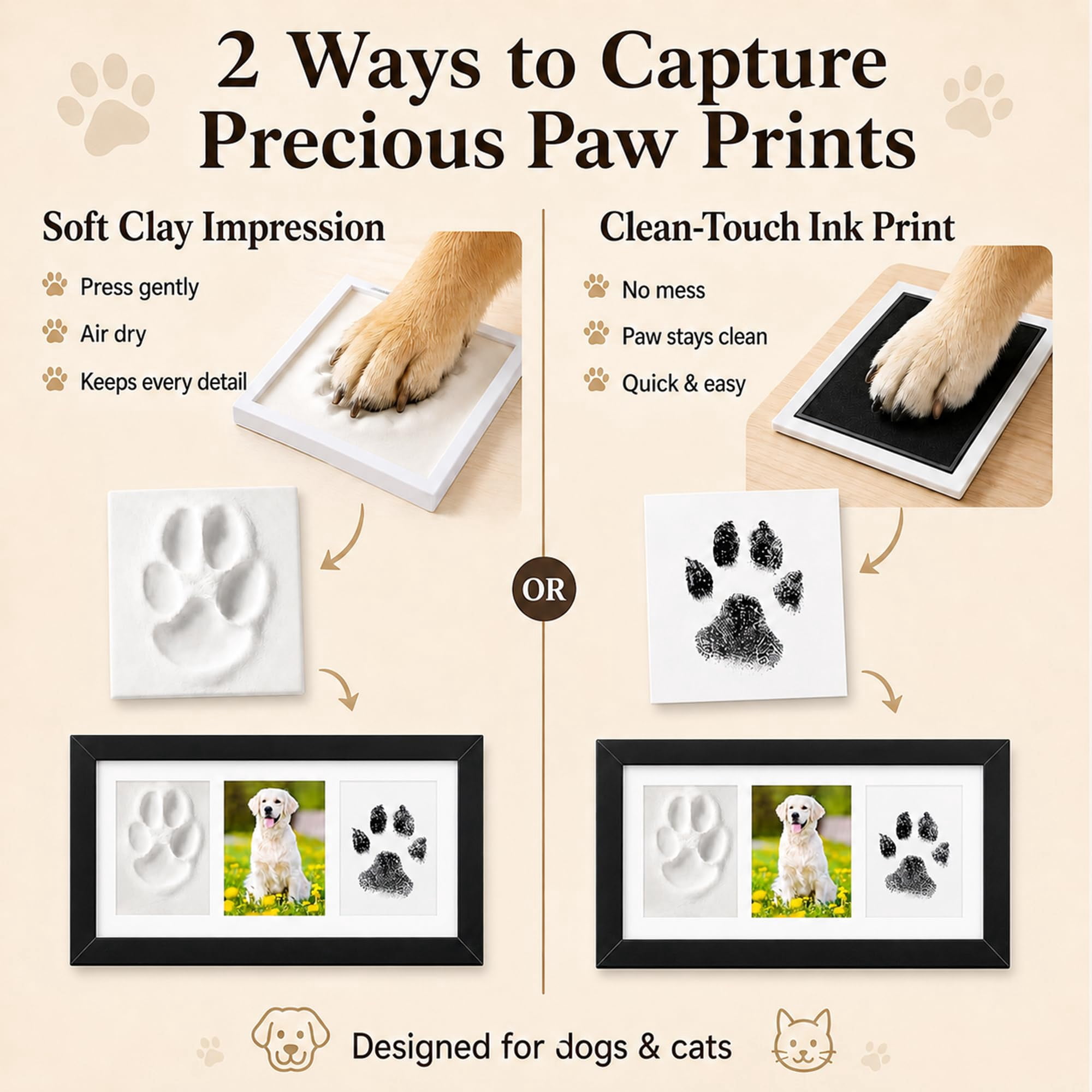 Dog Paw Print Frame Kit, Non-Toxic Clay & No Mess Ink Pad Pet Memorial DIY Gift (Black)