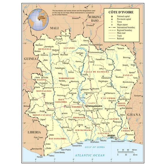 Palmetto Posters 24x31 Laminated Poster: Large detailed political and administrative map of cote d ivoire with roads railroads cities and airports