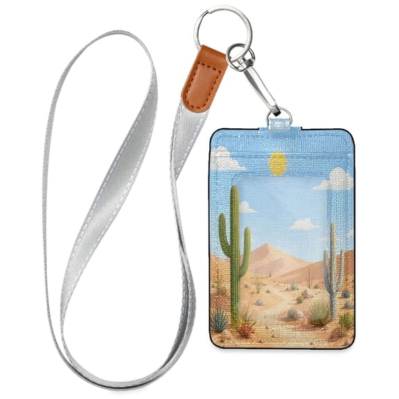 PU Leather Badge Holder Lightweight ID Card Holder with Window Pocket Desert Landscape