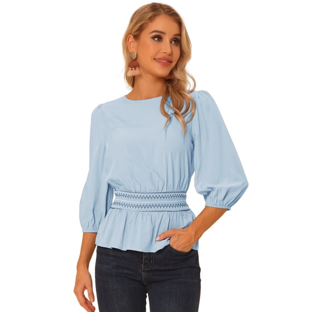 Top peplum Allegra K Blusa con cintura fruncida de media manga abullonada Azul L