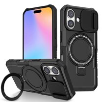 ELEHOLD Rugged Case for iPhone 17 with Sliding Camera Lens Cover Rotation Ring Holder Stand Function Compatible with Mag Safe Shockproof Cover for iPhone 17 - Black
