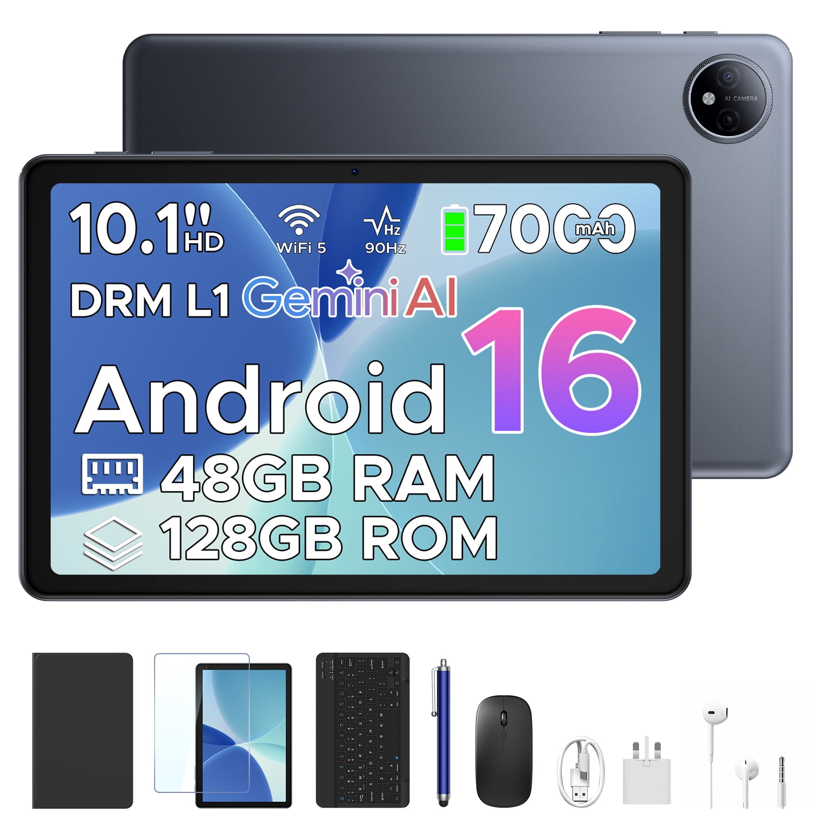 POCKAM P10 10.1 inch Tablet, 48GB RAM+128GB ROM, Android 16 Tablet with Gemini AI, 7000mAh, Unisoc T310 Quad-Core, 90Hz, 8MP+5MP, Dual Speakers, Headphone, Tablet with Keyboard, Pen, Case