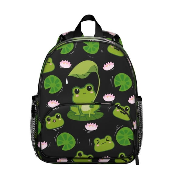 Frog Student Backpack – Cute Green Frog Cartoon Print With Mushroom Flower Plant Nature Pattern