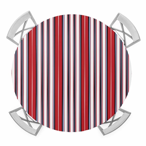 Elastic Fitted Round Tablecloth, Red Pink Stripes Waterproof Stretch Table Cover for 45"-54" Tables, Country Simple Gradient Vertical Lines Washable Outdoor Tablecloths for Patio, Picnic, Camping