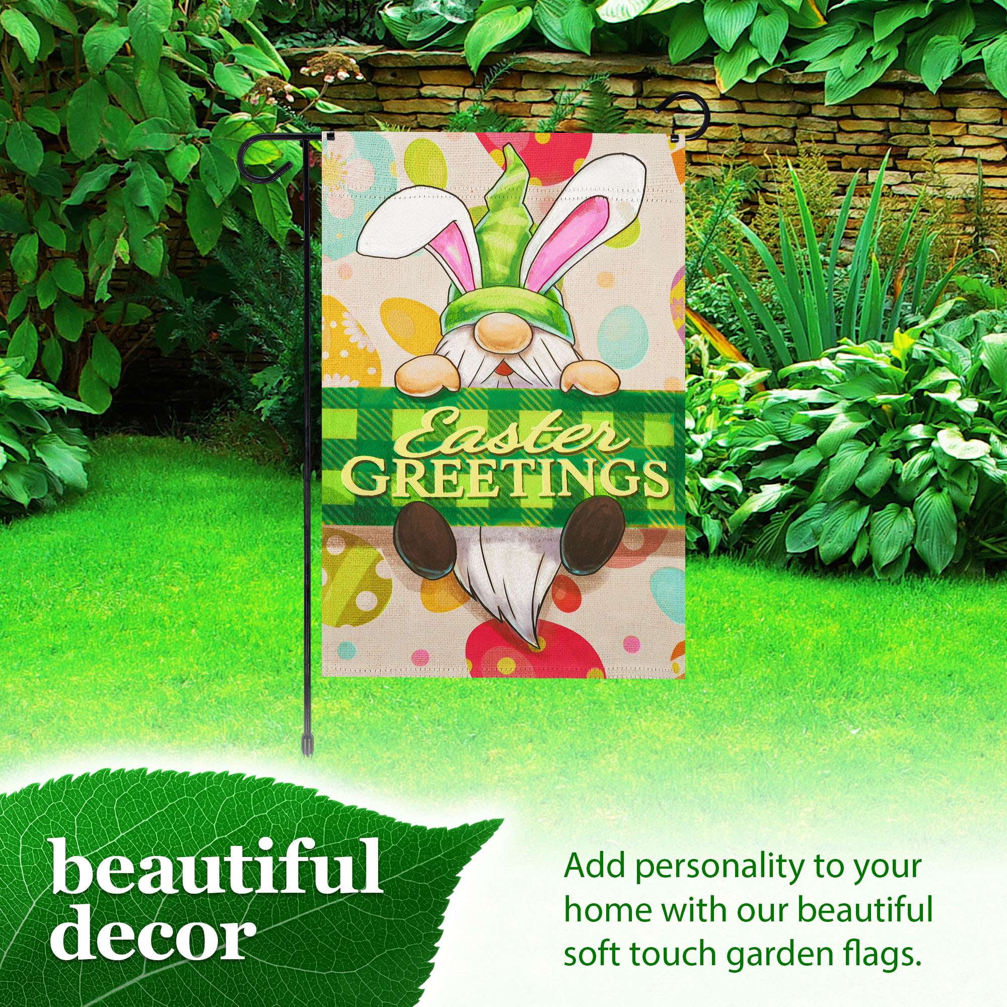 G128 2sets: 36"x16" Flag Stand & 12"x18" Gnome Greetings Double Sided Easter Garden Flag Decoration