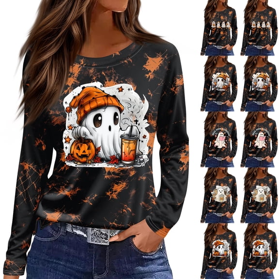 Womens Long Length Sleeve Tops Ghost Reading Book T-Shirt Halloween Pumpkin T-Shirts