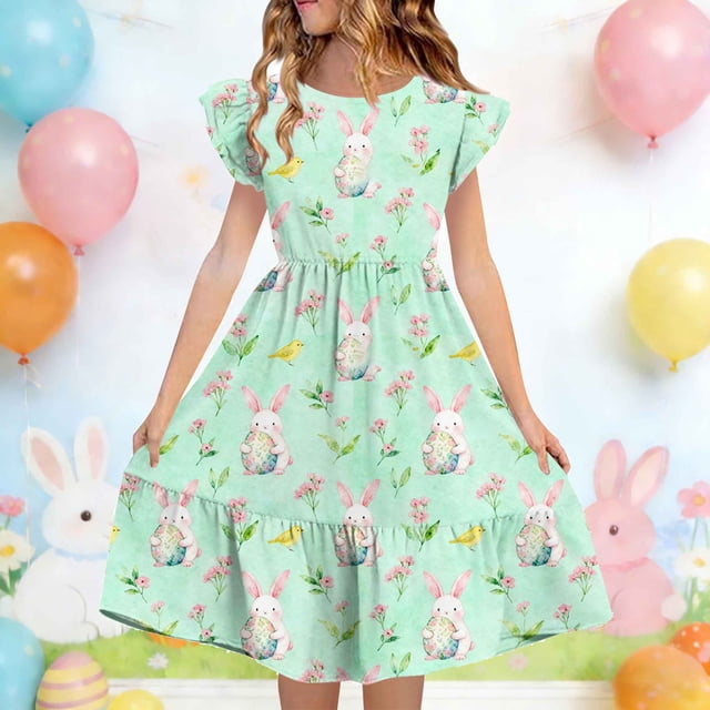 EGNMCR Robe à Manches Courtes Col Rond Robe d'Été pour Enfants à Manches Plissées Double Couche Imprimée pour Enfants de 5 à 14 Ans