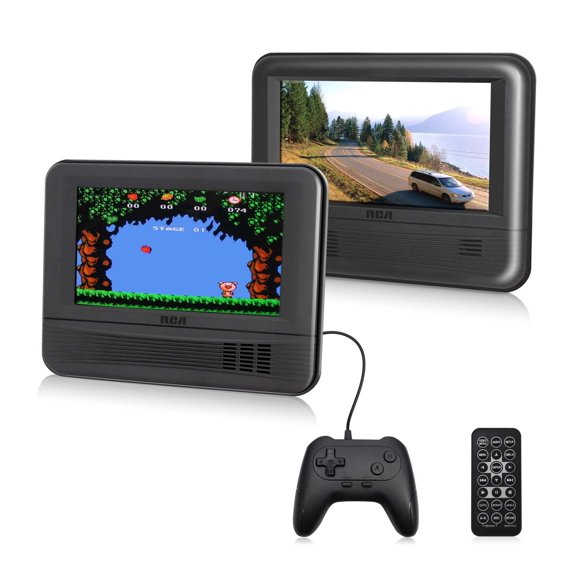 Sistema de Reproductor DVD Móvil de Pantalla Doble RCA Dorado con Control de Juegos y Set de 6 Pieza