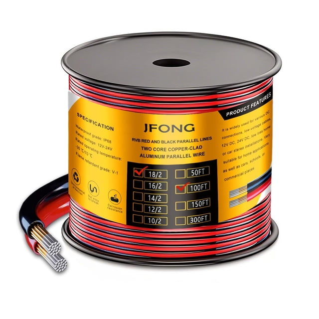 Cable de calibre 16, 150 pies, 16/2, cable de extensión de conexión de cable eléctrico rojo, negro, 12/24 V, 2 cables 16 AWG para tira de luces LED,Cable 18AWG 2