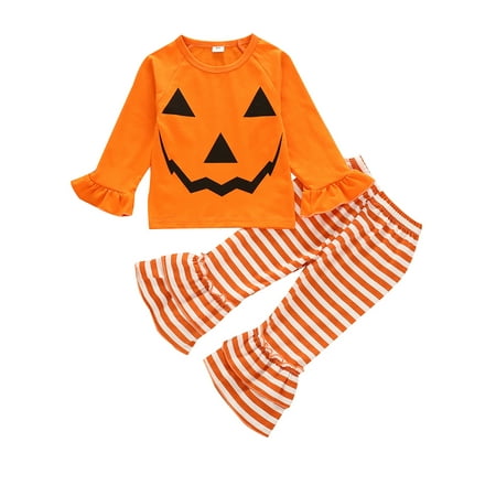 

Toddler Kid Baby Girls Halloween Outfits Ruffled Long Sleeve Top Blouse Striped Pants Pajamas Set