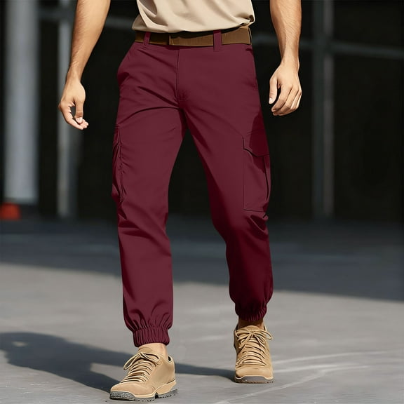 CQONEPT Men's Big and Tall Tactical Pants Hiking Camping Cargo Pants Athletic Running Tapered Pant with 4 Pockets Wine 4XL