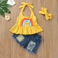 thumbnail image 6 of ASFGIMUJ Summer Solid Color Rainbow Print Hanging Neck Suspender Ripped Denim Shorts Summer Wear Girls Suit Girl Clothes,Size 3 Years-4 Years, 6 of 9