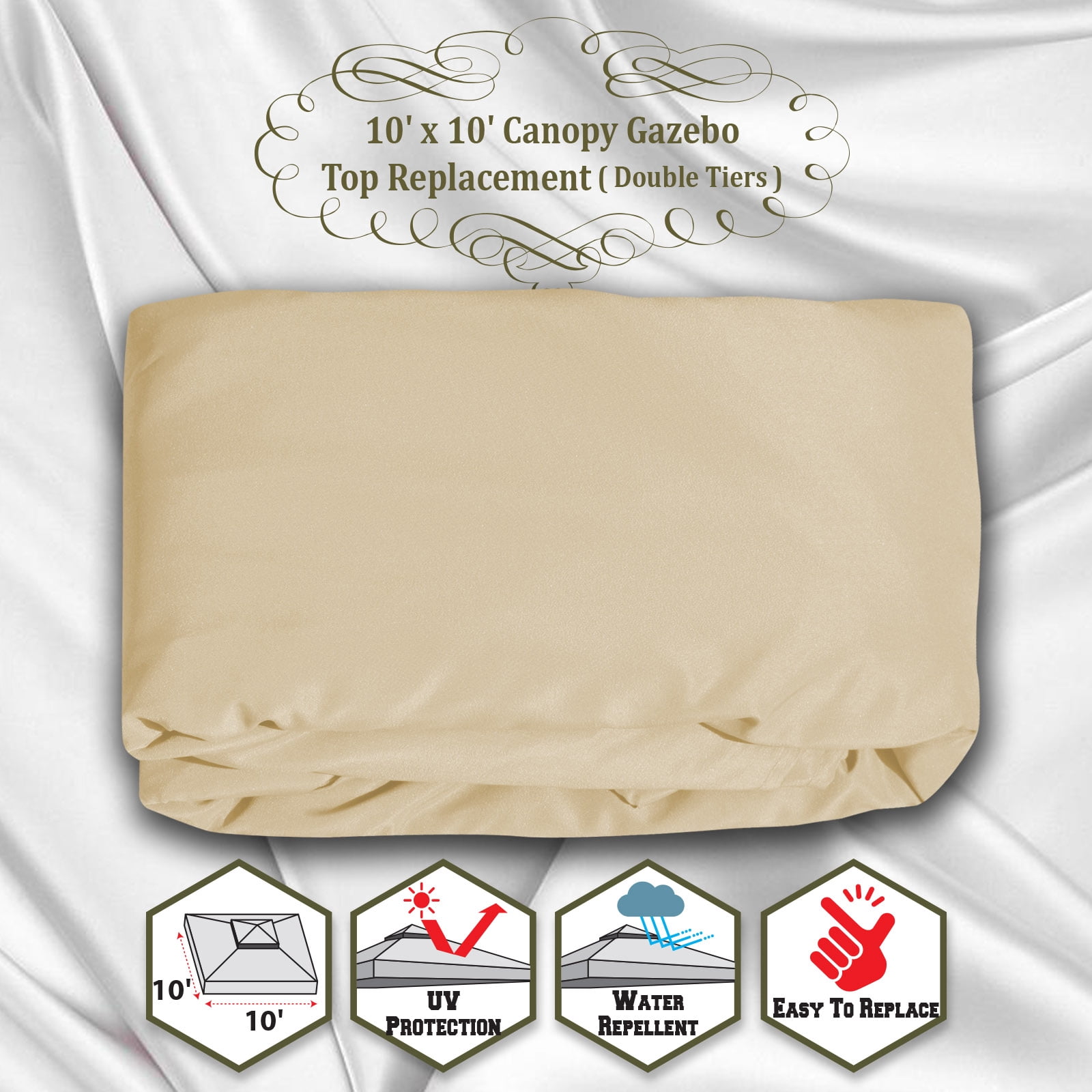 SUNNY 10x10 FT Gazebo Replacement Canopy Top Double Tier Canopy Top Cover (Beige)