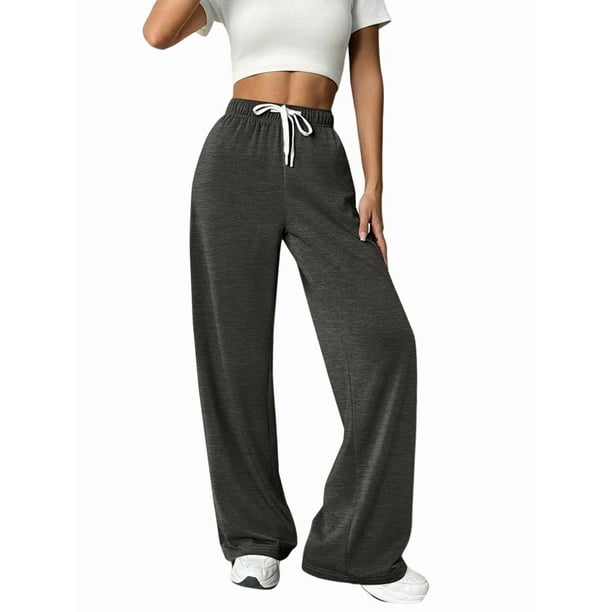 Pantalones Deportivos Holgados de Cintura Alta con Cordón Ajustable para Mujer, Pantalones Deportivos de Pierna y Bolsillos Gris Oscuro M