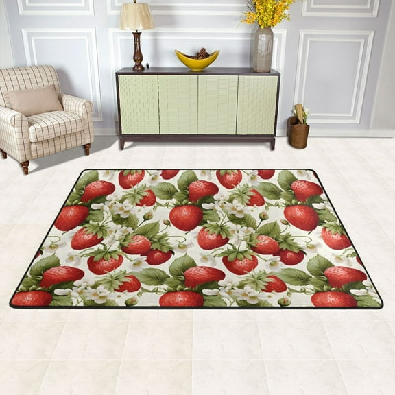 Strawberries with Floral Area Floor Mats Soft Large Nursery Rugs Non-Slip Foam Carpets Living Room Doormat for Bedroom Dinning Decor 36" x 24"