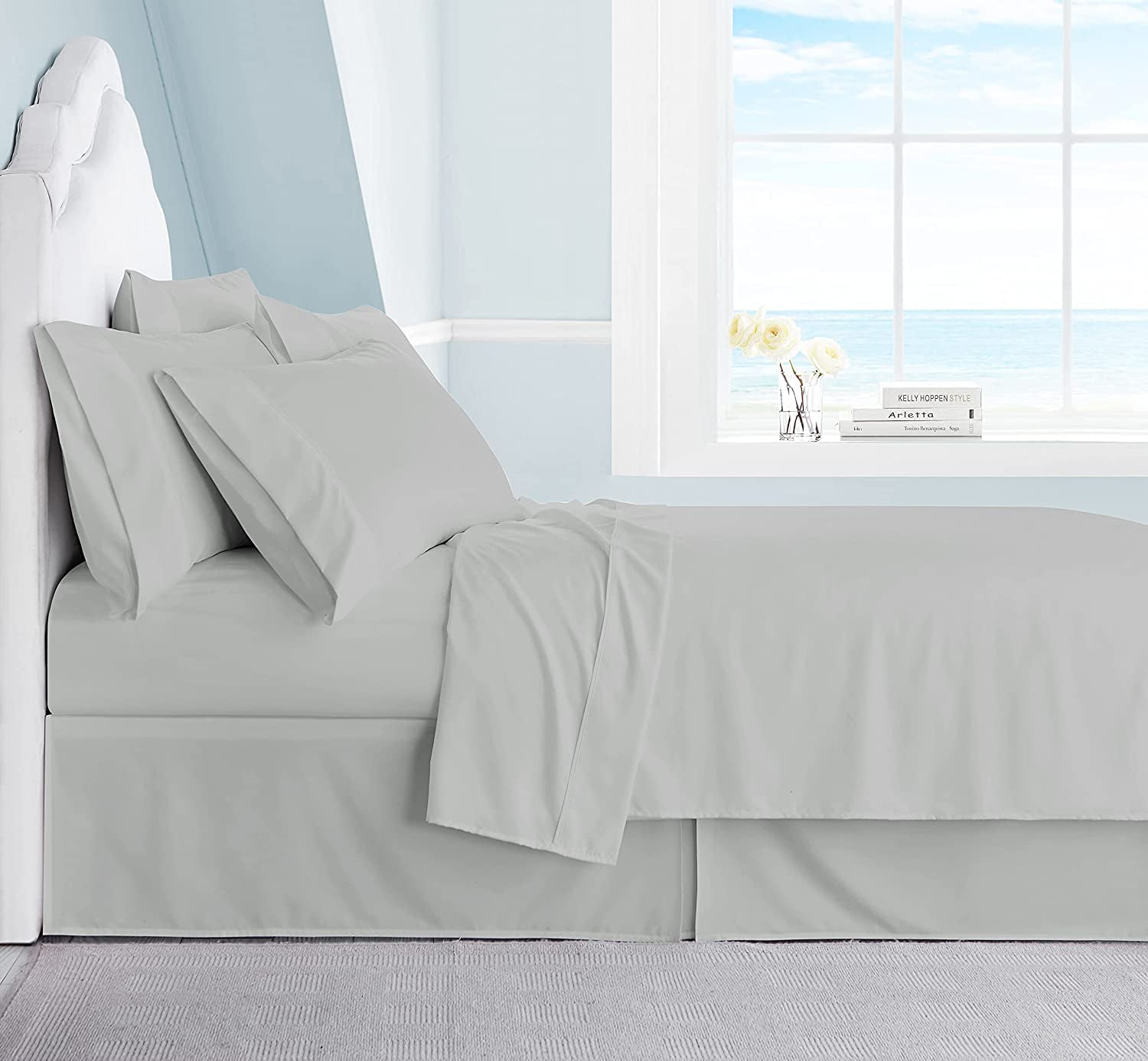 6 Piece Bamboo Sheet Set for Bed - 100% Pure Bamboo - Fit 22" Inch Deep Pocket Silk Feel, Cooling, Anti-Static, Extra Soft and Luxury - Light Grey Solid, Queen Size.