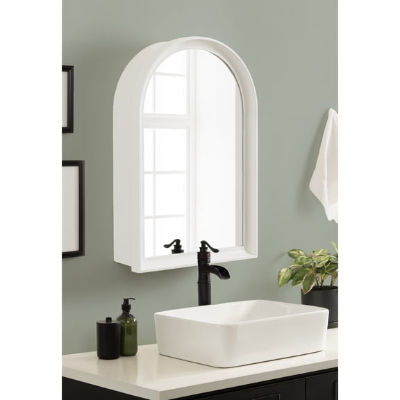 DesignOvation Herenshaw Modern Arched Bathroom Cabinet with Mirror, 20 x 6 x 30, White, Decorative Wooden Bathroom Mirror with Storage for Bath Medicine Cabinet or Over-the-Toilet Storage