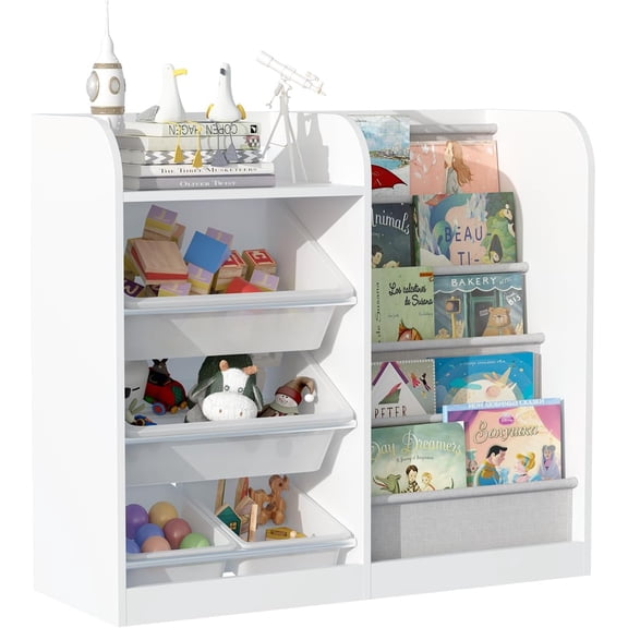 NACHES Kids Bookshelf & Toy Storage Organizer, 5-Tier Sling Pockets Toddler Bookcase with 4 Toy Bins for Playroom, Nursery & Kids Room (White)