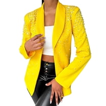 TKLPEHG Women's Blazers Long Sleeve Lapel Bubble Bead Lapel Suit Open Front Work Office Coats with Pockets (Yellow,L)