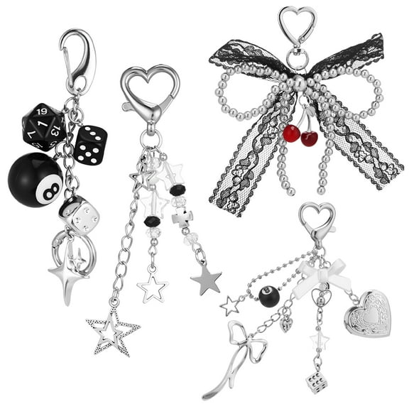 Bocaoying 4 Pack Cute Keychains Women Men, Aesthetic Bag Charms with Dice Star Bow Heart Bow Pendant, Alloy Purse Charms Y2k Accessorie Backpack Charms