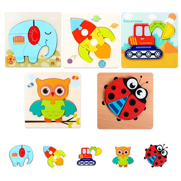 Toddler puzzle, JUNQIU US 1 2 3 4 years old child toddler wooden animal puzzle, color and shape