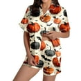 thumbnail image 2 of Halloween Pajamas Women Bat Pumpkin Printed Short Sleeve Pocket Button Down Lapel Shirts Loose Shorts Comfy 2 Pc Sleepwear Nightwear Casual Silk Loungewear Sets Woman Beige XXL, 2 of 6