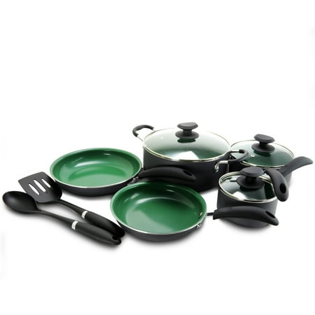 Gray Ceramic - Eco-Friendly Hummington 10-Piece Aluminum and Ceramic Cookware Combo in Matte Grey and Green