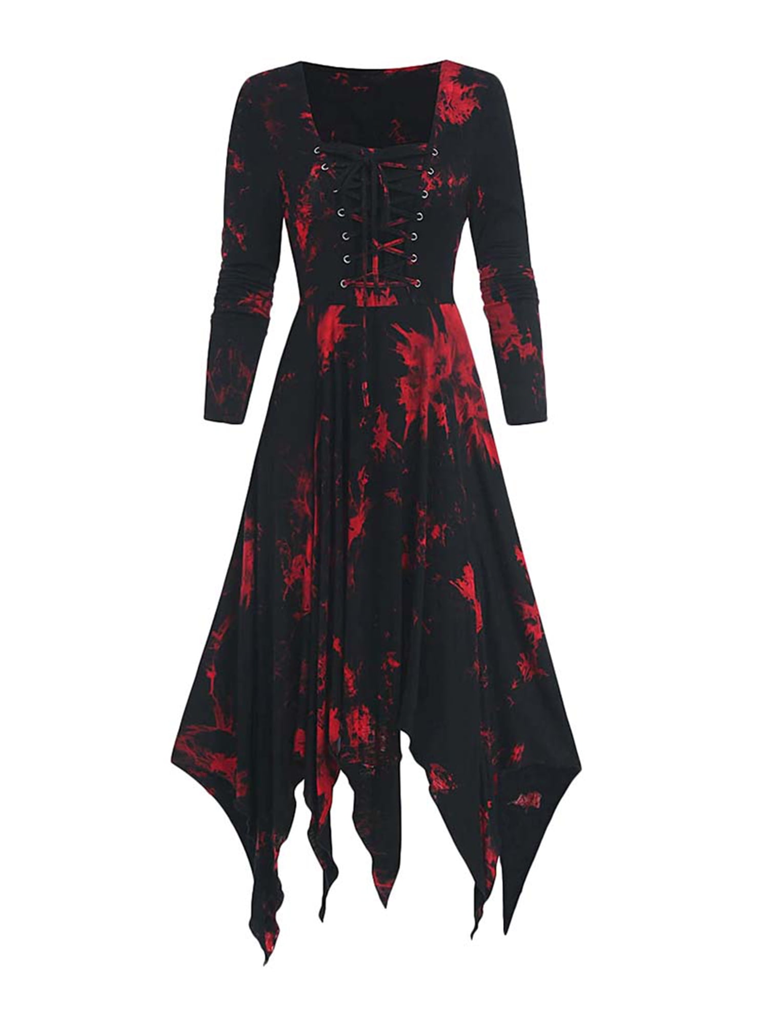 Women Gothic High Low Dress Skull Lace Stitching Flowy Irregular Hem Mid Dress Long Sleeve Steampunk Plus Size Dress 