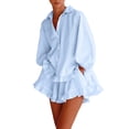 thumbnail image 5 of Purcolt Women 2 Piece Matching Set Dressy Casual Stripes Collared Long Sleeve Button Down Shirts Wide Leg Shorts Loose Fit Work Office Outfits with Ruffled Trim, 5 of 8