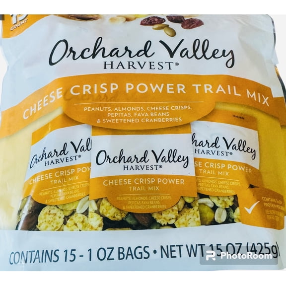 ORCHARD VALLEY HARVEST CHEESE CRISP POWER TRAIL MIX, PEANUTS, ALMONDS CHEESE CRISPS, PEPITAS, FAVA BEANS & SWEETENED CRANBERRIES PACK OF 15.