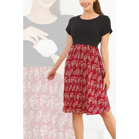 Women's Nursing Dress Summer Short Sleeve Patchwork Pregnancy Clothes with Pockets,Large