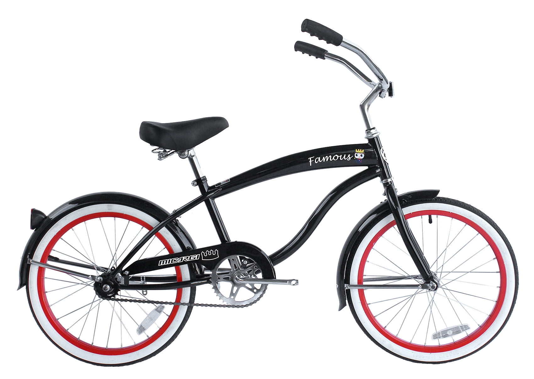 Wonder Wheels 20 Beach Cruiser Steel Frame Black Coaster Brake Alloy Rims Red 36H Stainless Steel Spokes One Piece Crank Tire White Wall Seat Grip Black Fender Black Black