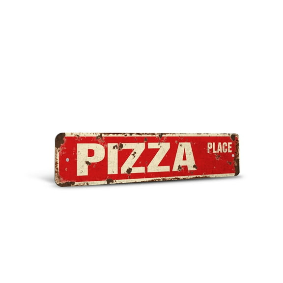 PIZZA PLACE Vintage Style Rustic Street Sign – New Parlor Shop Oven Pizzeria Retro Decorative Wall Sign for Home, Bar, Garage, or Outdoor Use | 6" X 24" Aluminum Metal Road Sign