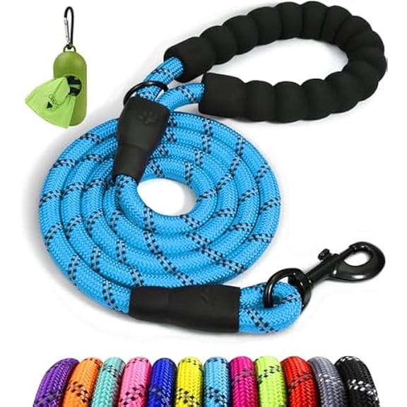 Eryueer Rope Dog Leash 6 FT with Comfortable Padded Handle, Highly Reflective Threads Leash and Anti-Tangle Clip for Walking Small Dogs, 3/8 inch, Blue