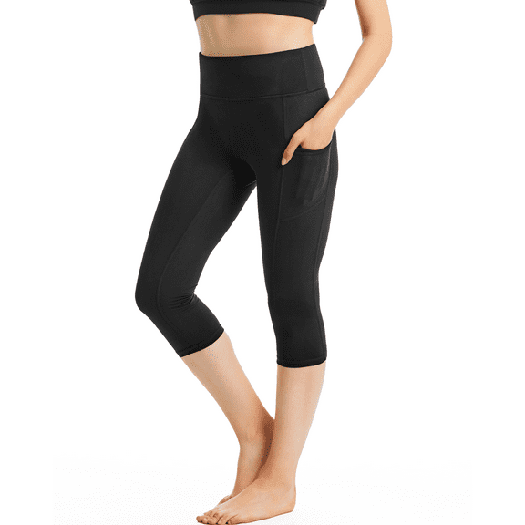 CAMBIVO Womens Capri Leggings, Tummy Control Cropped Yoga Pants for Workout with Three Pockets Mid-Rise, Size L
