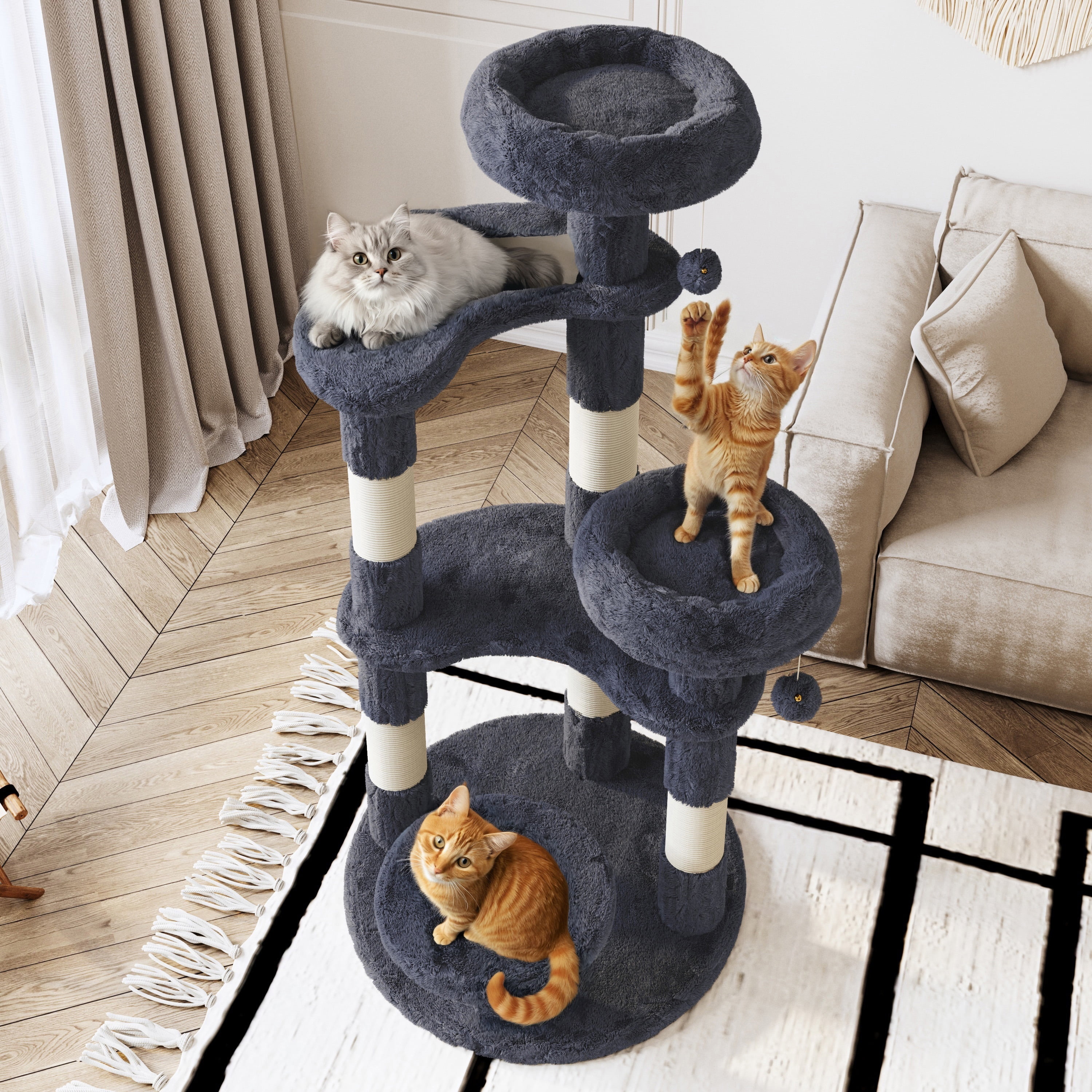 Amolife 55.5" Large Cat Tree and Tower with 5 Scratching Posts, Cat Perches for Indoor Cats and Kittens, Blue Gray