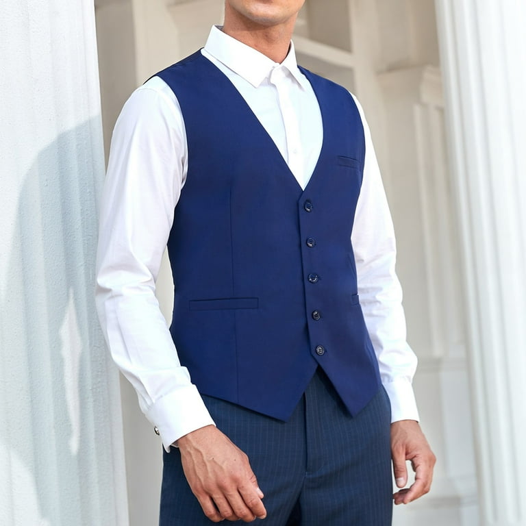 Mens Suit Vest Navy Blue Business Formal Dress with Pockets